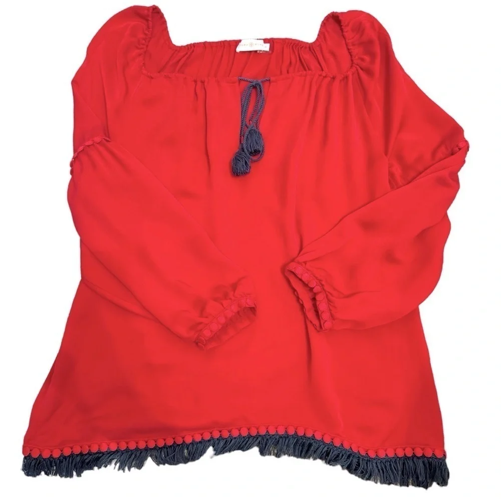 Tory Burch Sylvie blouse Boho /Peasant/Tie Blouse Top‎ RED Fringe Tassel Sz 10